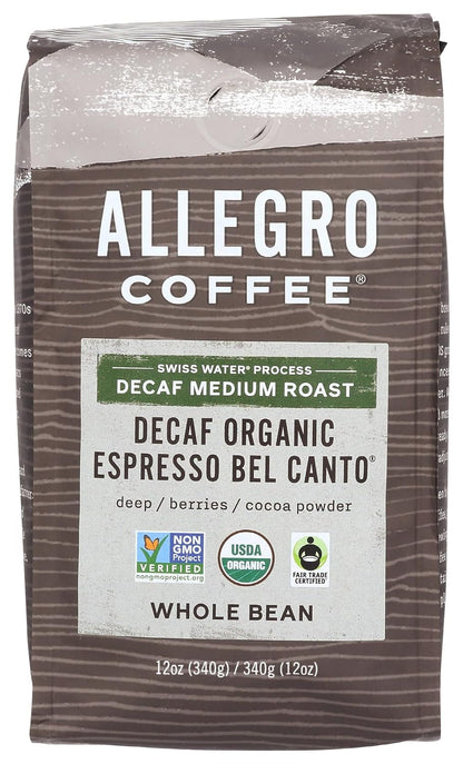 Coffee Decaf Organic Espresso Bel Canto Whole Bean Coffee, 12 Oz1