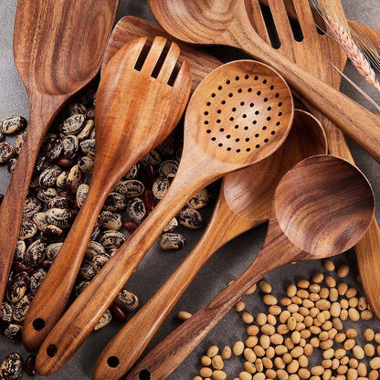 Wooden Kitchen Utensils Set, 9 PCE Natural Teak Wooden Spoons for Non-Stick Pan for Cooking,7