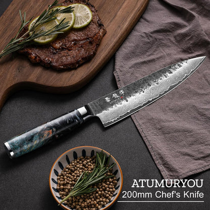 8'' Japanese Chef Knife, Razor Sharp Hand-Forged Damascus VG10 Steel Core8