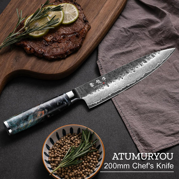 8'' Japanese Chef Knife, Razor Sharp Hand-Forged Damascus VG10 Steel Core8