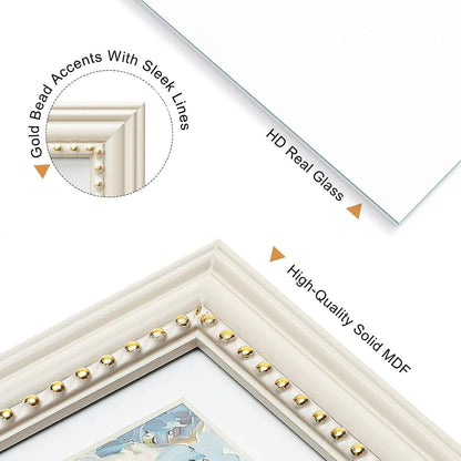 5X7 Picture Frame in Beige with Classic Gold Beaded Border, Solid Wood with Real Glass, Display 5X7 Photos Matted to 4X6, Vertical and Horizontal Desk Tabletop or Wall Hanging4