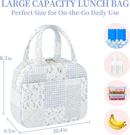 Quilted Lunch Box for Women,Coquette Aesthetic Lunch Box for Teen Girls,Cute Floral Lunch Bags for Work, School,Office,Picnic,Travel (Green Blue Pin)2
