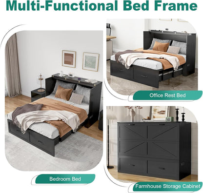 Queen Size Murphy Chest Bed with Drawer and Charging Station, Farmhouse Wood Space-Saving Hidden Folding Bed Chest, Multifunctional Storage Cabinet Beds for Bedroom, Office, Black7