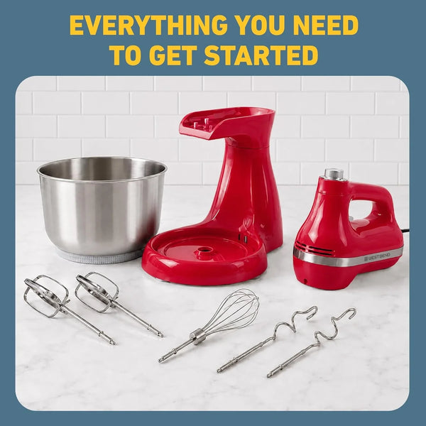 Two Sweet 2-In-1 Hand & Stand Mixer, 11 Speeds with Turbo Boost, 4.4 Qt Rotating Bowl, Dough Hooks, Beaters & Whisk, Tilt-Head Design, 550 Peak Watts, Red7