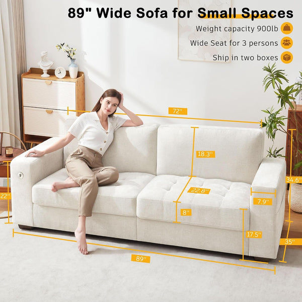 89" Sofa for Living Room, Modern Comfy Sofa with Medium Firm Seat Cushion, Removable Cover,Wide Armrest,Usb/Type-C Port,Chenille Fabric Couches for Small Space,Apartment2