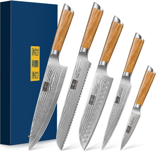 Damascus Kitchen Knife Set 5PCS, Sharp Chef Knives Ergonomic Grip | Professional Cooking Knife Set | Japanese Super Steel | 15° Edge | 62 HRC | Ergonomic Olive Wood Handle | Housewarming Gift1