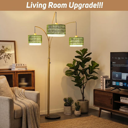 3-Light Arc Rattan Floor Lamp for Living Room,80'' Gold Boho Lamp | Heavy Natural Marble Base, 1/2/3-Light Rotary Switch,Double-Layer Green Wicker/Fabric Shades for Coastal Style,8 Ft+ Ceilings9
