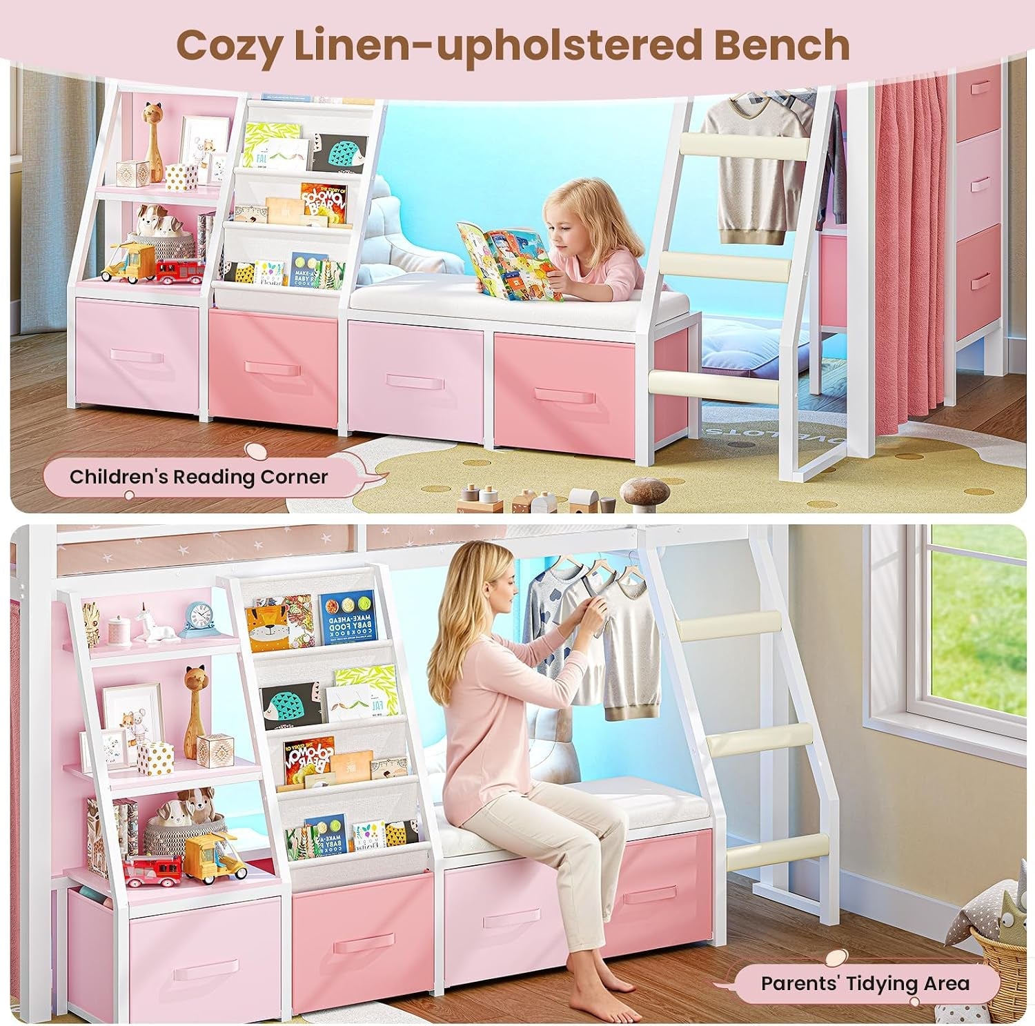 low-loft-bed-with-7-storage-drawers-reading-nook-kids-twin-loft-bed-with-bookshelf-led-lights-safety-guardrail-loft-bed-twin-size-with-35-8h-play-space-inclined-ladder-white-pink
