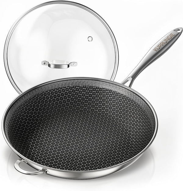 Wok Pan, 11 Inch Hybrid Woks & Stir-Fry Pans Nonstick, Non Toxic 5-Ply Stainless Steel Wok Pan with Lid, Laser Etched Surface, Works on All Stoves, Dishwasher & Induction Safe, PFOA Free1