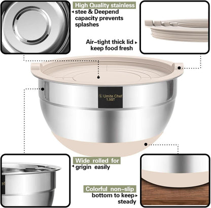 Mixing Bowls with Airtight Lids, 6 Piece Stainless Steel Metal Nesting Storage Bowls, Non-Slip Bottoms Size 7, 3.5, 2.5, 2.0,1.5, 1QT, Great for Mixing & Serving (Khaki)5