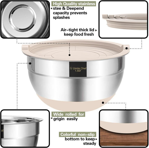 Mixing Bowls with Airtight Lids, 6 Piece Stainless Steel Metal Nesting Storage Bowls, Non-Slip Bottoms Size 7, 3.5, 2.5, 2.0,1.5, 1QT, Great for Mixing & Serving (Khaki)5