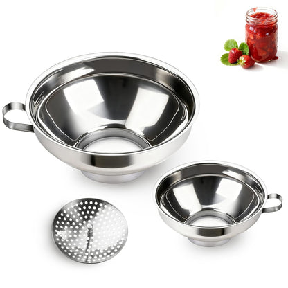 Canning Funnel with Strainer, Wide Mouth Funnels for Filling Wide and Regular Mason Jars, Food Grade Stainless Steel Canning Supplies for Kitchen Use, 3 Pack (Small and Large)1