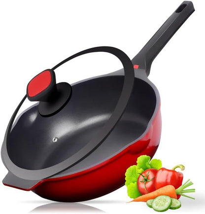 Nonstick Deep Frying Pan Skillet with Lid, 12 Inch/ 5 QT Saute Pan, Sauce Pan Cookware Cooking Chef Pan, Induction Compatible, Cast Aluminum Ruby Red1