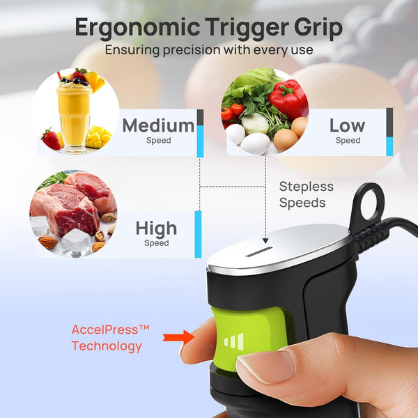 4 in 1 Immersion Hand Blender Max 1100W, Trigger Speed Control | Corded Stick Emulsifier with Entire Stainless Steel Blender Shaft, for Blending, Beating, Frothing, Mixing & More, Non-Bpa3