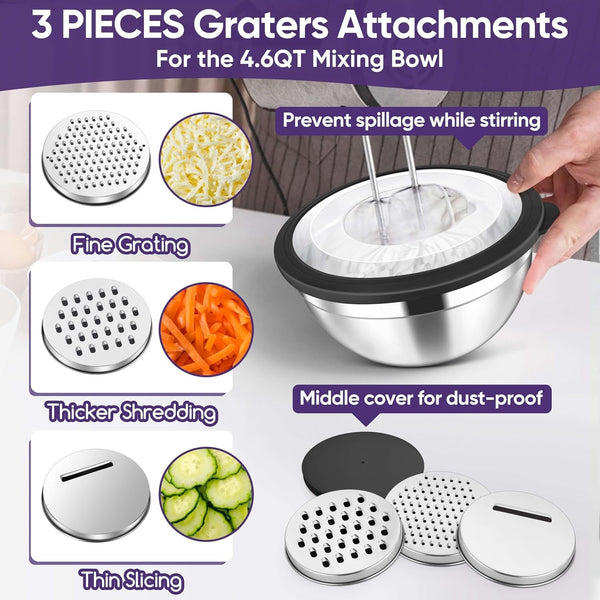 5-Piece Mixing Bowls with Visible Lids, 3 Grater Attachments, Stainless Steel Salad Serving Bowls for Kitchen, 4.6/3.5/2.5/2/1.5 QT Ideal for Prepping & Cooking, Black6