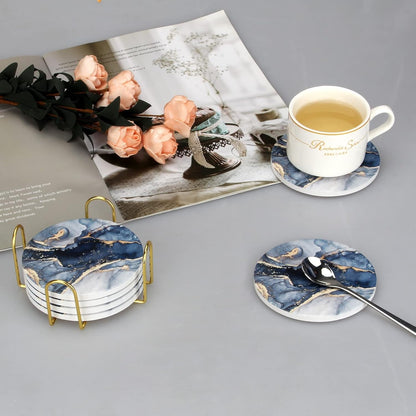 Coasters Set of 6, Navy Blue Marble Abstract Ceramic Coasters with Holder | Best round Absorbent Drink Coaster Set, Coffee Table Decor for Home Decor House Warming Gifts New Home6