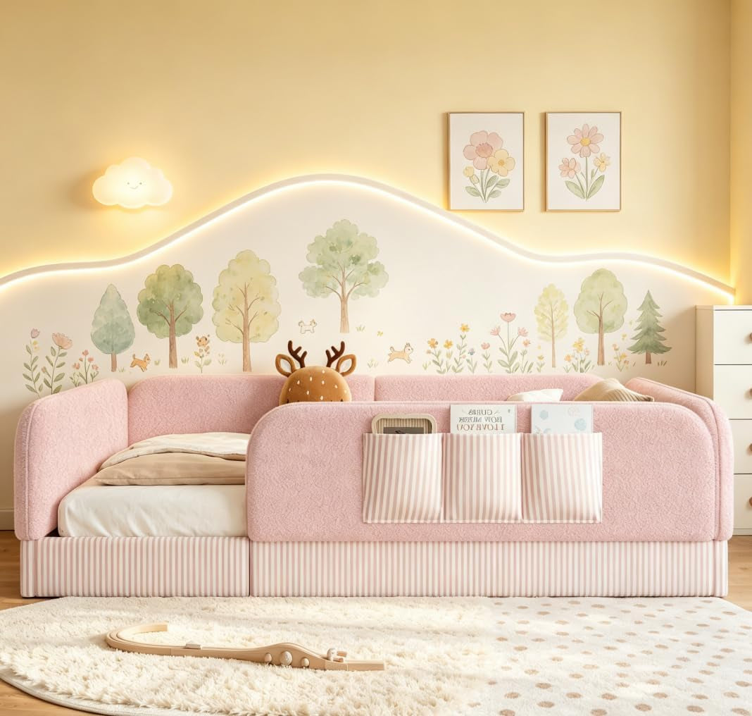 queen-upholstered-floor-bed-with-slats-and-guardrail-side-storage-pocket-teddy-pink
