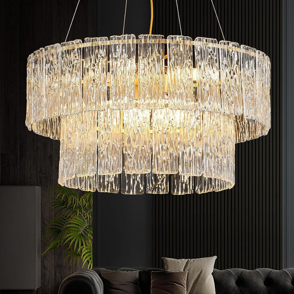 24" Gold Crystal Chandelier, 8-Light Glass Drum Light Fixture1