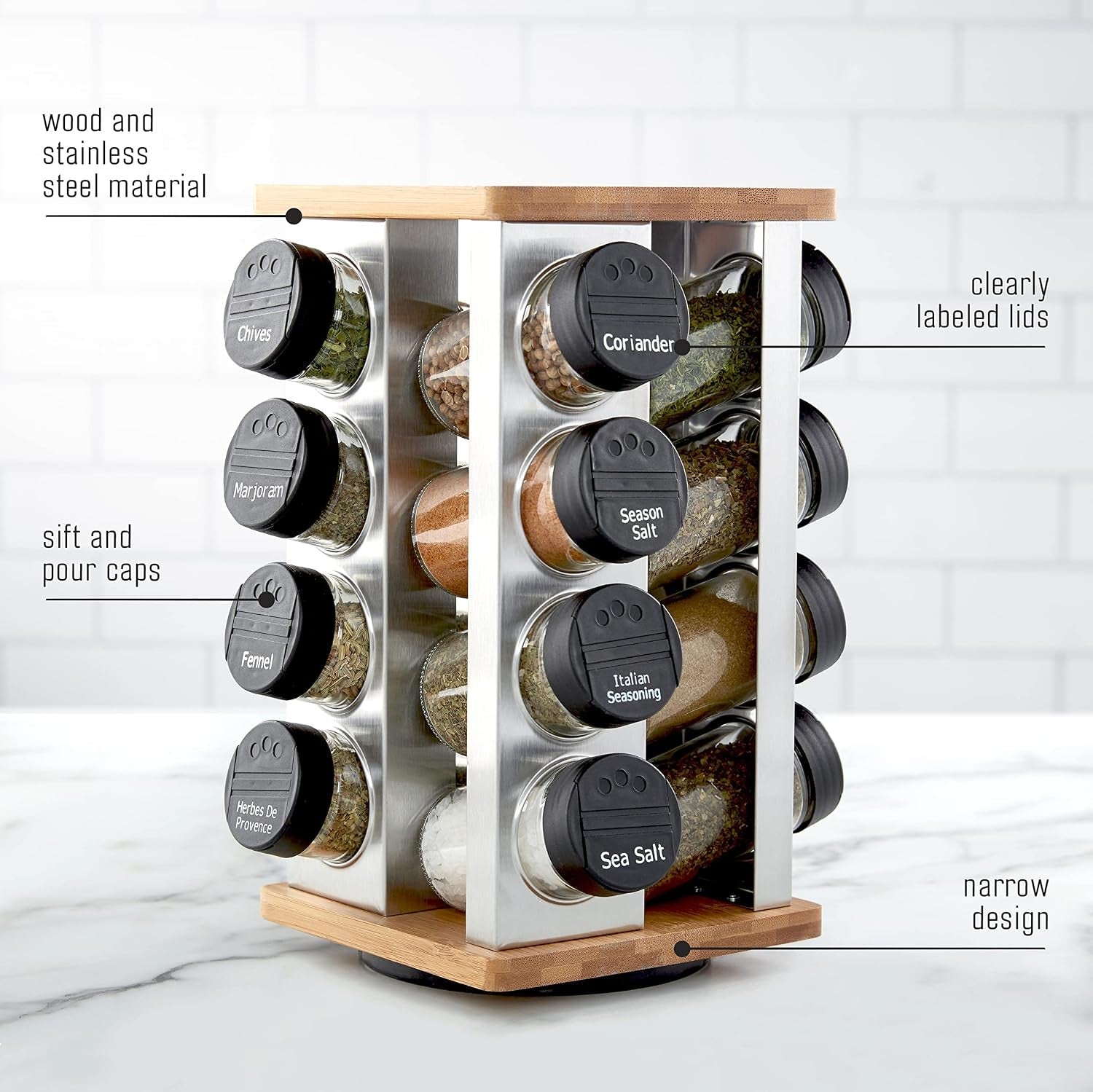 16-jar-warner-revolving-countertop-spice-rack-organizer-with-lift-pour-caps-and-spices-included-free-spice-refills-for-5-years-stainless-steel-bamboo-with-black-caps