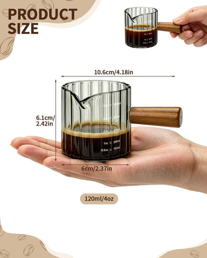 2 Pack Espresso Measuring Cups, 4Oz Borosilicate Glass Espresso Shot Glasses with Wood Handle, V-Shaped Spout Ribbed Milk Frothing Cup, Measuring Cup for Coffee, Latte, Cappuccino, Tea, Syrup2