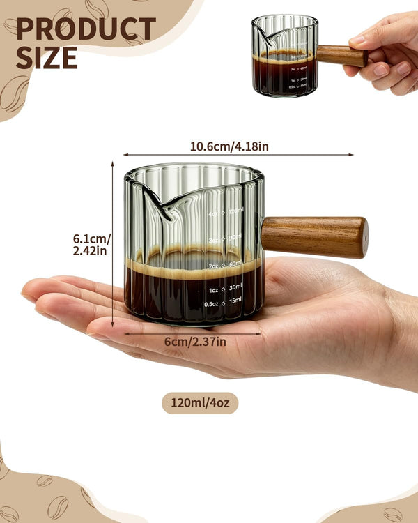 2 Pack Espresso Measuring Cups, 4Oz Borosilicate Glass Espresso Shot Glasses with Wood Handle, V-Shaped Spout Ribbed Milk Frothing Cup, Measuring Cup for Coffee, Latte, Cappuccino, Tea, Syrup2