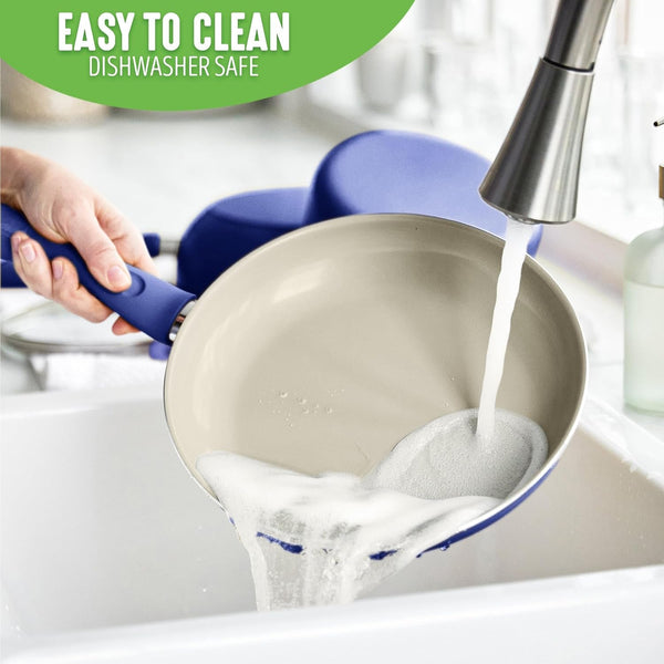 Sandstone Healthy Ceramic Nonstick, 15 Piece Kitchen Cookware Pots and Frying Sauce Pans Set, PFAS- Free, Dishwasher Safe, Blue9