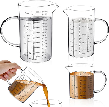 3 Pack Glass Measuring Cups,1-Cup,2-Cup,4-Cup Measuring Jugs with Handle &V Shaped Spout,3 Scales(Oz,Cup,Ml) High Borosilicate Glass Measuring Cup for Liquid Kitchen-Microwave Freezer Safe1
