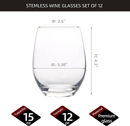 Stemless Wine Glasses Set of 12, 15 Ounce Smooth Rim Standard Wine Glass Tumbler for Red, White Wine, Dishwasher Safe2