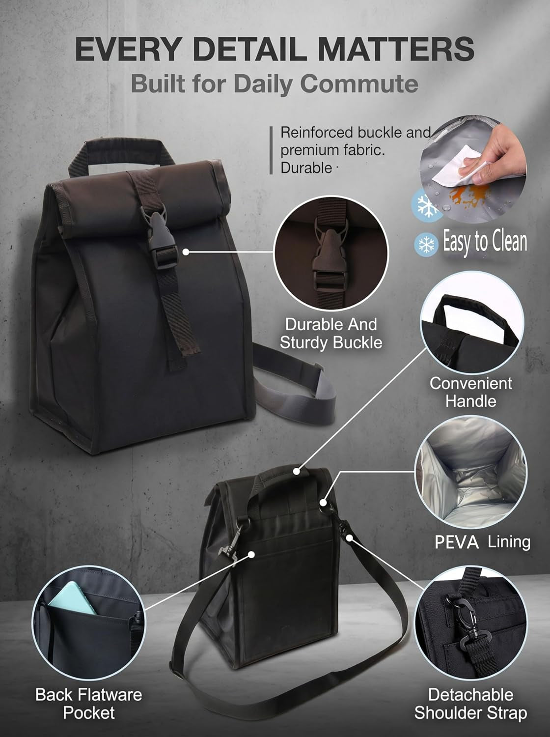 insulated-foldable-lunch-bag-lightweight-portable-with-adjustable-shoulder-strap-lunch-box-for-men-women-office-work-picnic-hiking-and-beach-blackhard-fabric