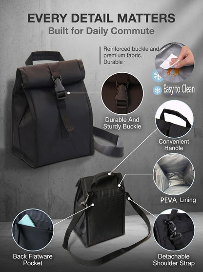 Insulated Foldable Lunch Bag- Lightweight Portable with Adjustable Shoulder Strap Lunch Box for Men, Women, Office, Work, Picnic, Hiking and Beach (Black(Hard Fabric))3