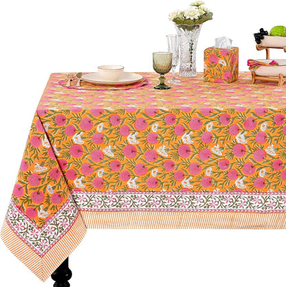 '-Bubblegum Pink Cotton Tablecloth, Handblock Print Floral Table Cloth for Kitchen Dining Linen I Thanksgiving, Christmas, Wedding, Fall Décor 4 Seater 60X60 Inches Square1