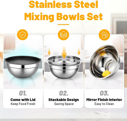 Stainless Steel Mixing Bowl with Lids, 2 Pack 5 QT Metal Large Stainless Mixing Bowls with Lids Set, Stackable Baking Bowl for Kitchen, Meal Prep, Serving and Cooking3