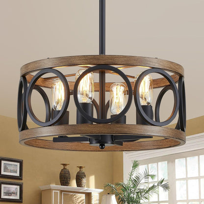 Black Dining Room Light Fixtures Modern Farmhouse Chandelier for Dining Room Living Room Kitchen 16'' Drum Metal Black and Wood Grain Finish, 4-Light round Hanging Chandelier Pendant1