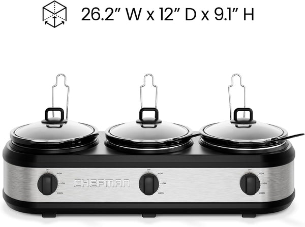 Triple Slow Cooker & Food Warmer, Three Crock Slowcooker with 2.5 Qt. Ceramic Crocks, 7.5-Quart Total Capacity, Pfas-Free, Three Temperature Settings, Dishwasher-Safe Parts – Stainless Steel7