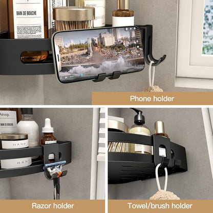 Corner Shower Caddy with Razor Holder Adhesive Shower Shelf Corner No Drilling Bathroom Corner Shower Organizer Storage Rack (2-Pack, Black)4