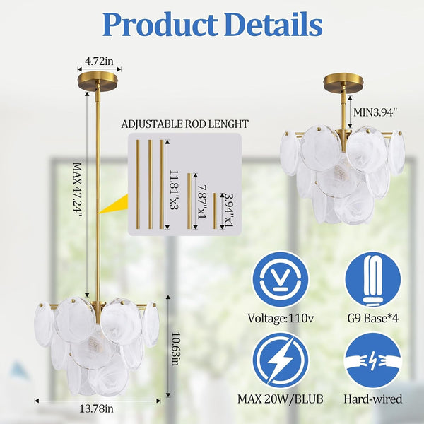 Modern Gold Glass Chandelier, 4-Light Crystal Ceiling Pendant, round Adjustable Hanging Fixture for Dining Room, Living Room, Bedroom, Foyer, G9 Base2