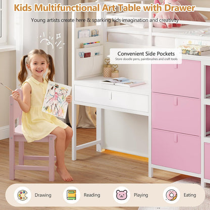 Low Loft Bed with Desk and 6 Storage Drawers Twin Loft Bed with Bookshelf,Led Lights & Under-Bed Play Space,Kids Twin Beds with 13.8''H Safety Guardrail,Inclined Ladder&Play Curtain,Pink+White5
