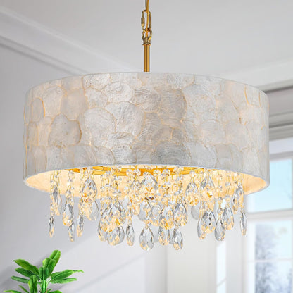 D18In Drum Capiz Shell Crystal Chandeliers, 4-Light Coastal Style Light Fixture for Dining Room, Living Room, D18X21~68"(Adjustable), K9 Crystal, Shell Lampshade & Gold Finish1