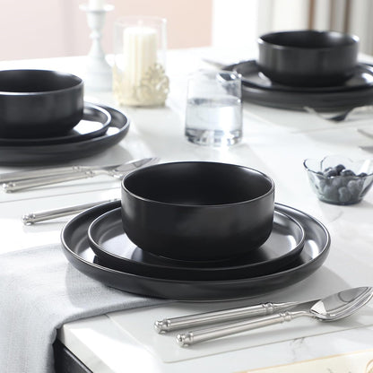 12 Pcs Porcelain Plates and Bowls Sets,Dinnerware Set for 4,Black5