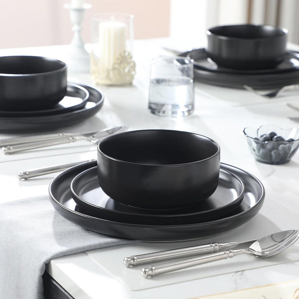 12 Pcs Porcelain Plates and Bowls Sets,Dinnerware Set for 4,Black5