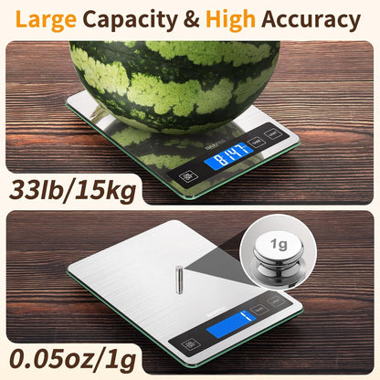 Food Scale, 33Lb Kitchen Scale with 1G Precision, Rechargeable Black | Premium Stainless Steel & Tempered Glass, Splash-Resistant Sturdy Surface, USB-C or Batteries, for Cooking, Baking, Meal Prep2