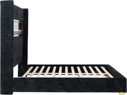 Calliope Modern Boucle Bed Frame with 3D Fireplace Headboard, Bluetooth Speaker and USB Slot, Upholstered Bedframe, No Box Spring Required for Home, Bedroom, Queen, Black7