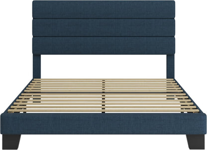 Queen Platform Bed Frame with Upholstered Fabric Headboard, Blue9