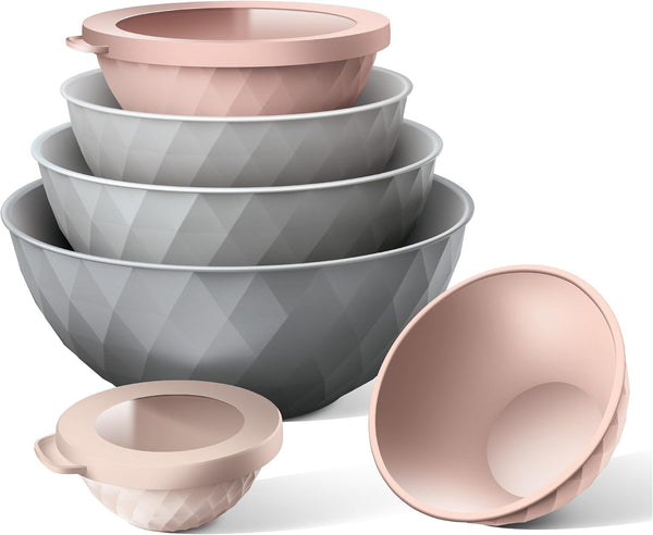 Mixing Bowls with Lids - 12 Piece Plastic Nesting Bowls Set Includes 6 Prep Bowls and 6 Lids, Microwave Safe Mixing Bowl Set, Grey/Pink Diamond6