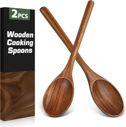 2PCS Wooden Spoons for Cooking, Natural Acacia Wood Cooking Spoons, Large Serving Spoons for Nonstick Cookware, Heat Resistant Durable Wooden Kitchen Utensils for Mixing Salad, Serving and Stirring1