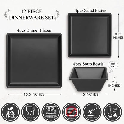 12 Piece Melamine Plates and Bowls Sets，Black Square Dinnerware Set for 42