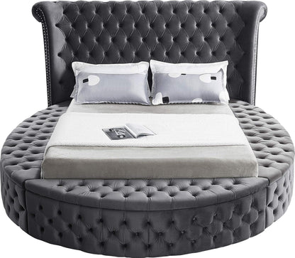 Meridian Furniture Luxus Collection Modern Contemporary round Shaped Velvet Upholstered Bed with Deep Button Tufting and Footboard Storage, King, Grey6