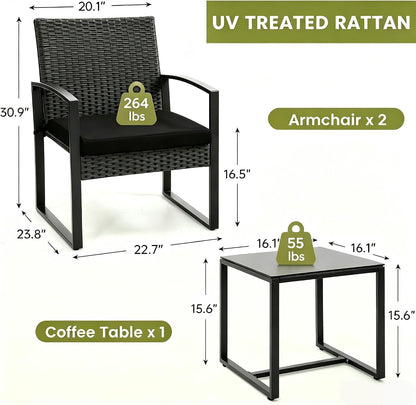 Outdoor 3-Piece Wicker Bistro Set, Patio Conversation Set | 2 Chairs with Coffee Table, for Balcony, Porch, Garden, Yard, Poolside, Black Frame & Black Cushion2