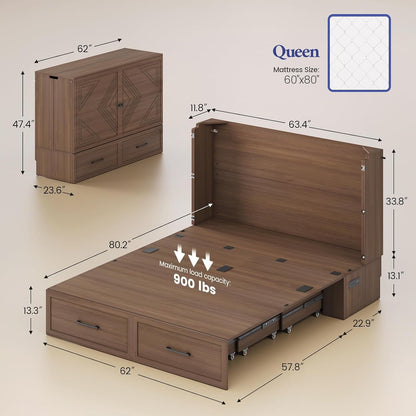 Queen Murphy Bed Cabinet with Storage Drawer & Charging Station3