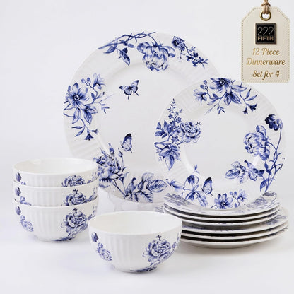 12-Piece Porcelain Dinnerware Set for 4, White & Blue Plates and Bowls Set, Glossy Ceramic Dish Set with Embossed Toile Pattern, Elegant Kitchen Dishes, Microwave & Dishwasher Safe, Cassian1